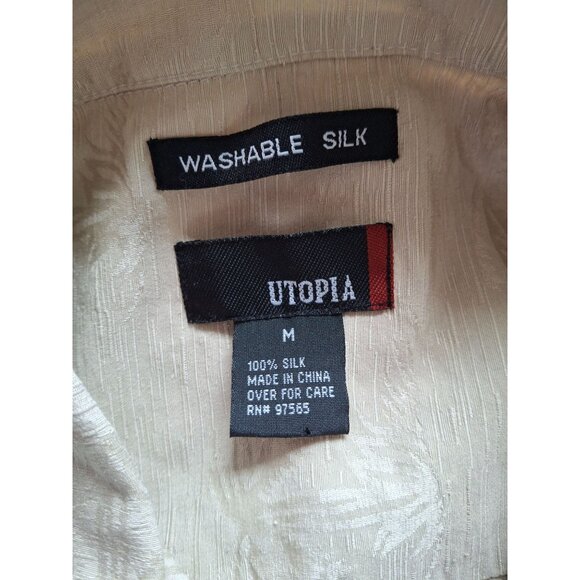 Vintage Utopia Mens Button Up Shirt Beige M  Silk Palm Tree Beach Island Resort - Picture 3 of 6